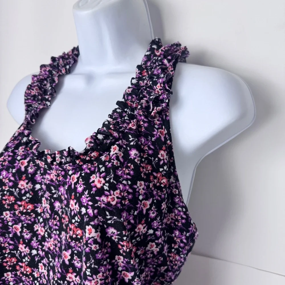 Self Esteem Tank Top Women Large Purple Floral Ruffle Bow Racerback Blouse